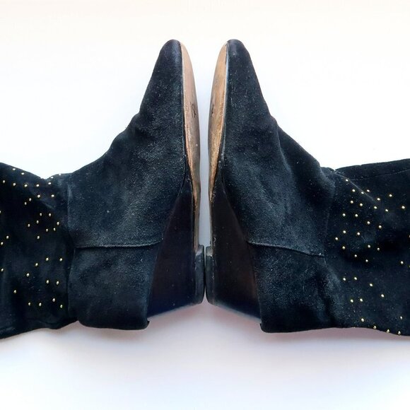 Anthropologie Matiko Black Suede Leather Gold Stud Wedge Heel Tall Boots Size 7 - Picture 10 of 13
